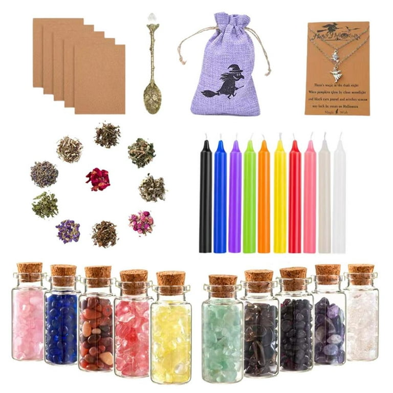 Witchcraft Supplies and Tools Kit, 60 PCS, Include Dried Herb, Crystal  Jars, Colored Candles, Witch Bell, Parchment, Witchy Gifts, Witch Starter  Kit