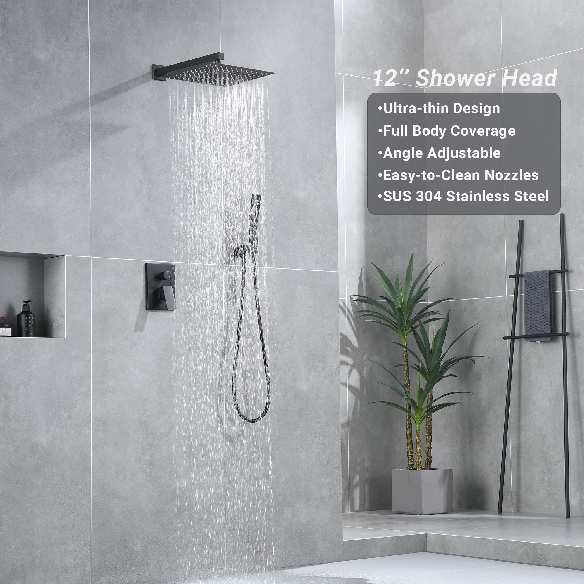 Rainfall Shower System Matte Black with High Pressure 12 inch