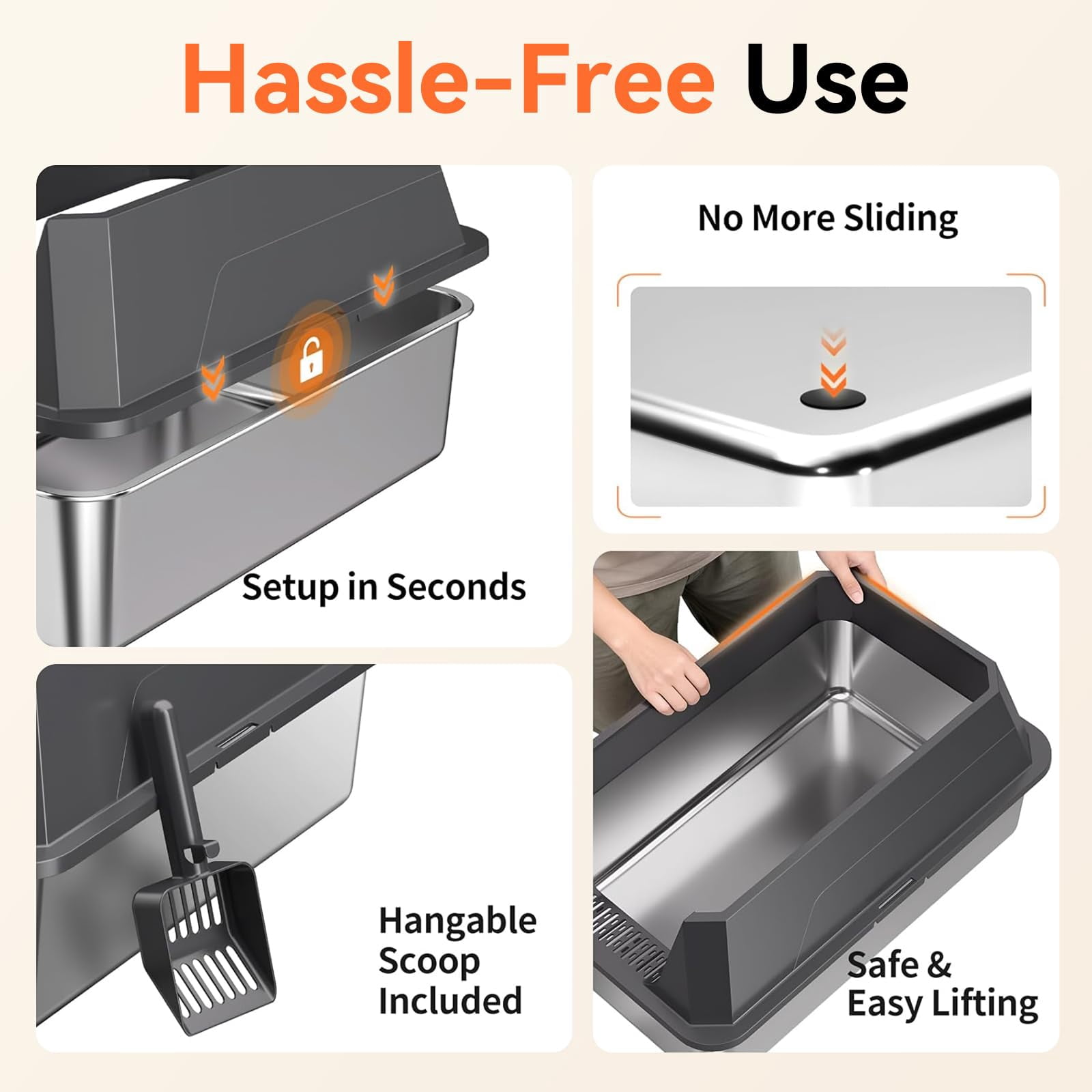 Stainless Steel Litter Box With High Sides  Xl Sided Cat Pan Open Top Extra Large Metal Non-stick Odor Free Leakproof Scoop Included Gray