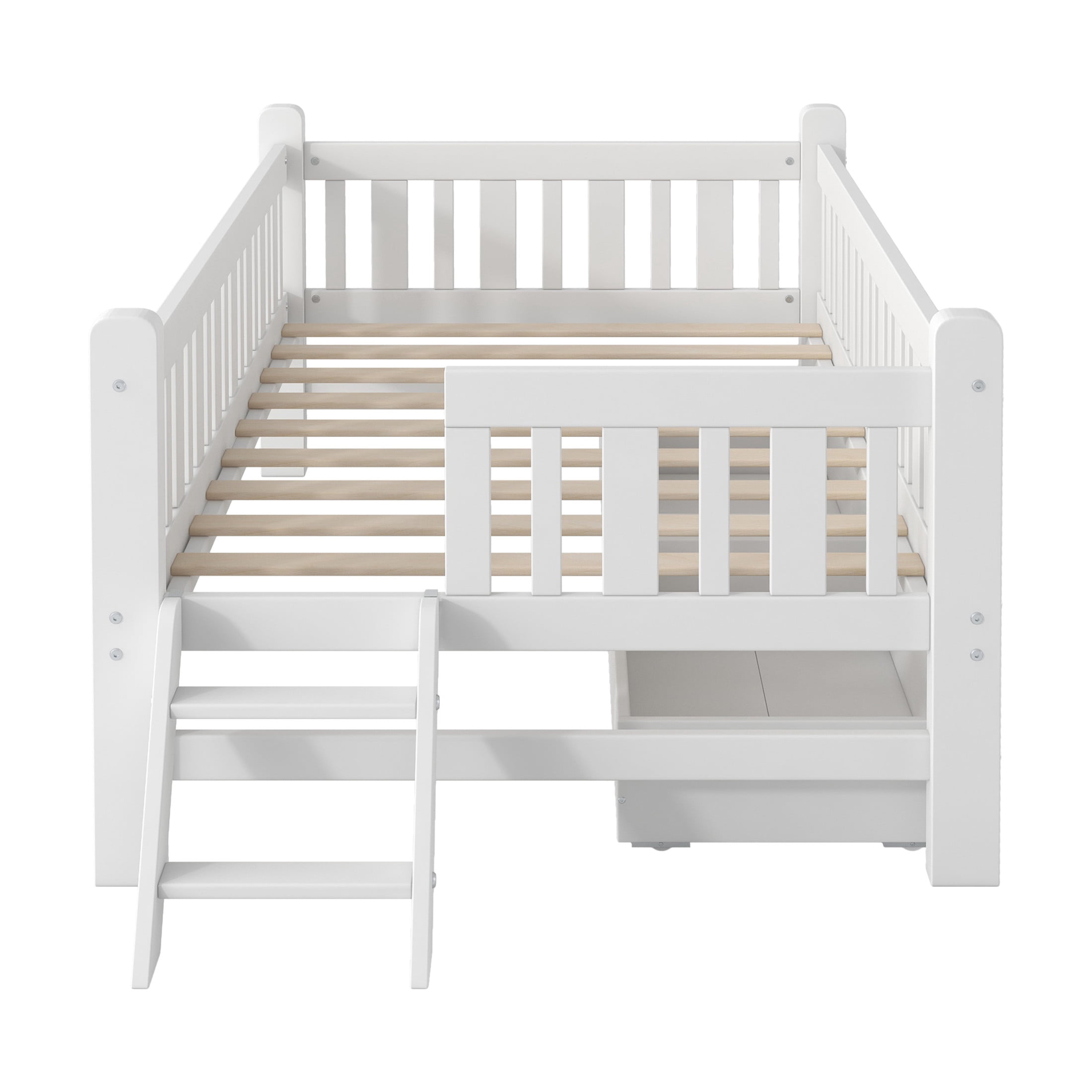 Noble House Wood Twin Platform Bed, Semi-Enclosed Fence Guardrail Bed with Storage Drawers, Solid Pine Wood, White