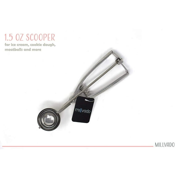 Millvado Stainless Steel Ice Cream and Cookie Scoop | Small Sized Scoop, Spring Loaded Lever Design, For Sorbet, Melon, Meatballs, Muffins, and More, 1.5 Ounce (1-3/4”) Scooper