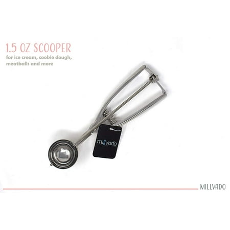 Millvado Stainless Steel Ice Cream and Cookie Scoop | Small Sized Scoop, Spring Loaded Lever Design, For Sorbet, Melon, Meatballs, Muffins, and More, 1.5 Ounce (1-3/4”) (Best Size Cookie Scoop)