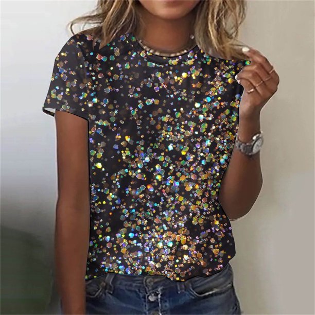 EQWLJWE Blusas de lentejuelas brillantes de gran tamaño para mujer, blusas elegantes de manga corta con purpurina, cuello redondo, para fiestas, clubes, camisas de lentejuelas, regalos de Año Nuevo