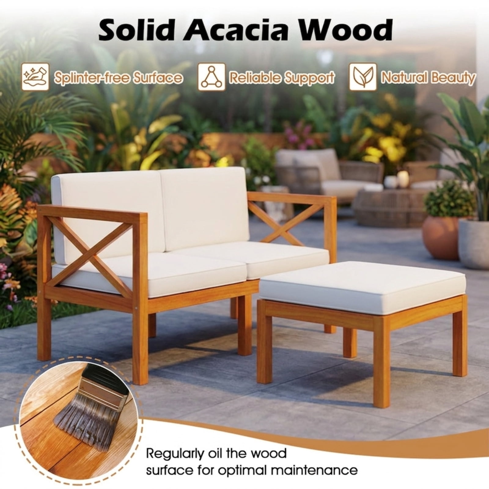 Furnibear 5 Piece Acacia Wood Patio Lounge Chair Set Outdoor Sofa Conversation Set with Ottomans Cushions and Coffee Table for Backyard, White