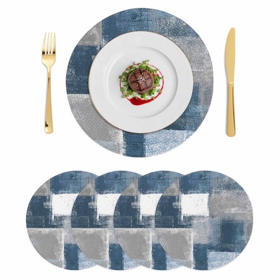 Blue Grey Ombre Round 15 Inch Placemats Set of 4, Abstract Vintage Oil Painting Gradient HeatResistant Non Slip Place Mats for Dining Table, Wipeable Braided Kitchen Table Mats for Housewarming
