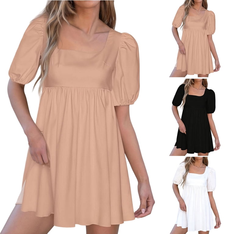 cute summer dinner dresses Puff Sleeve Babydoll Mini Dress for Women Loose Square Neck Swing Cocktail Party fabrication: Polyester Mint Velvet Women's Polka Mini dress Size:18-36 Slim Fit