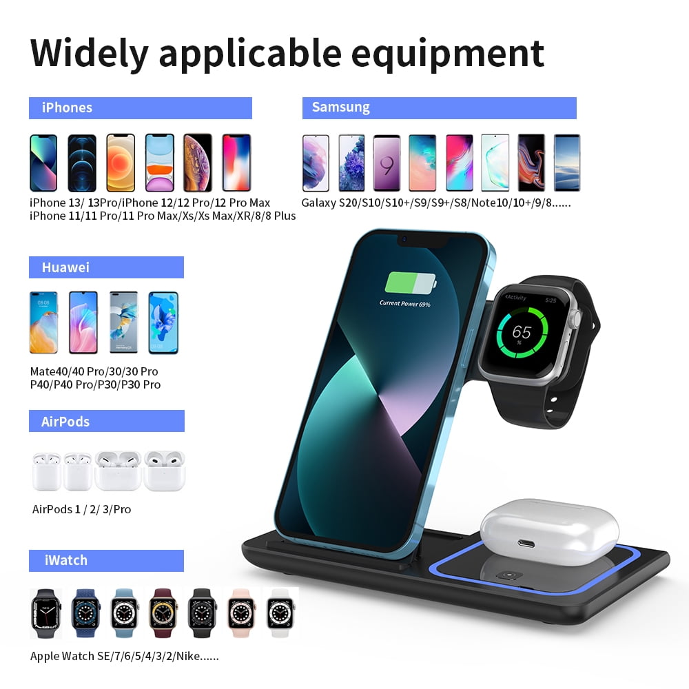 Wireless Charger,iPhone Charging Station for iPhone 16/15/14/13/12/11/Pro Max/Plus, 3 in 1 Wireless Charging Stand for iWatch SE 10/9/8/7/6/5/4/3, Airpods Pro/3/2 Blue