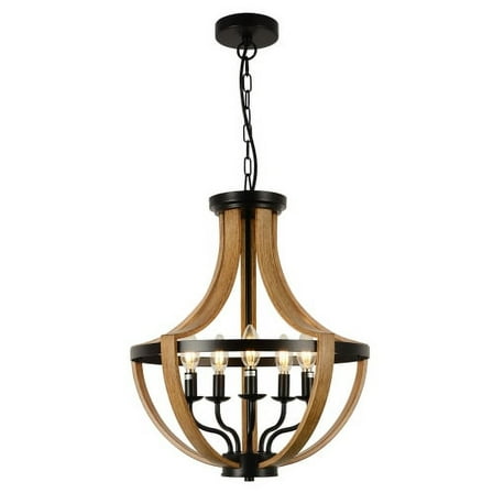 Farmhouse Chandelier, 5-Light Rustic Lighting Fixture with Faux Wood & Candle Style, Hanging Pendant for Dining Room, Kitchen Island, Living Room, Foyer Entryway