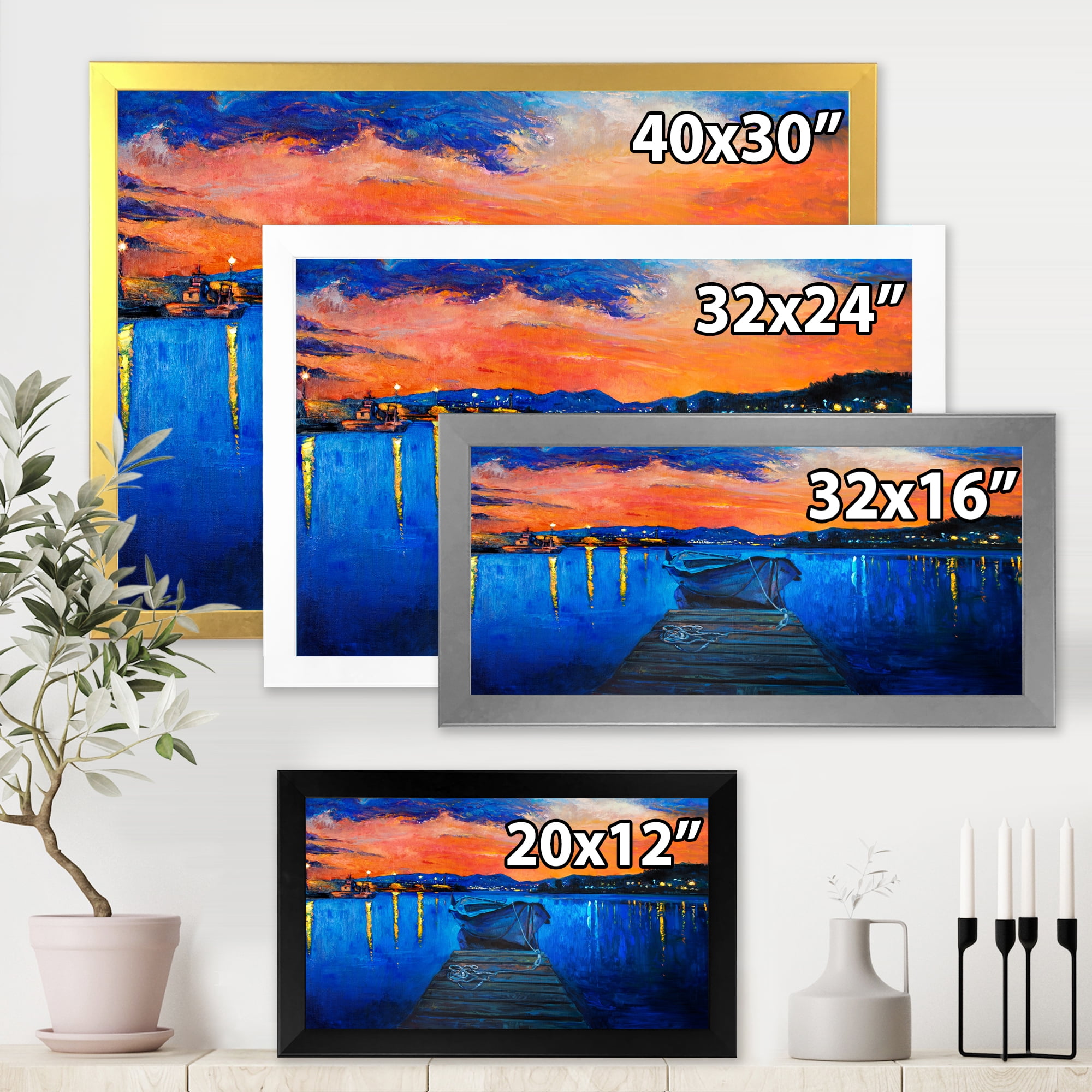 Boats During Warm Sunset Resting On The Water III 20 in x 12 in Framed Painting Canvas Art Print, by Designart