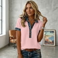 thumbnail image 6 of WULMLEO Shirts for Women Trendy Short Sleeve Button Up Collared Tops with Denim Collar Knit Patchwork Polo Shirts Pink L, 6 of 9