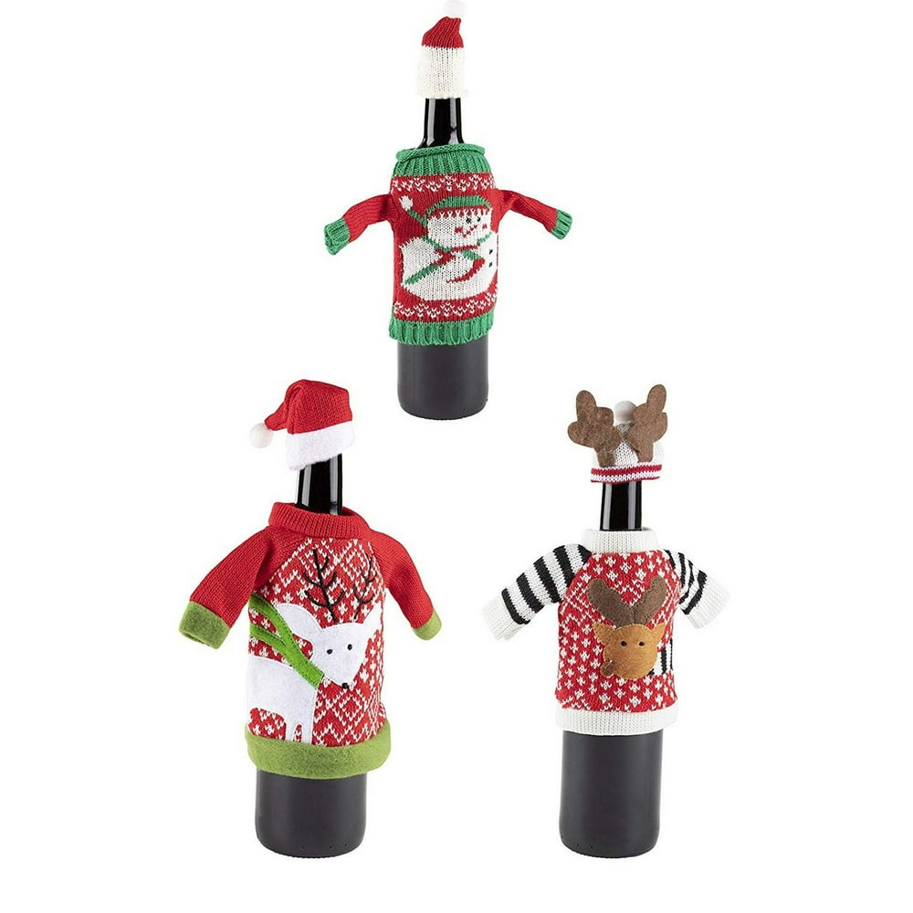 Christmas Wine Bottle Covers 3Pack Ugly Sweater Themed Bottle Decor