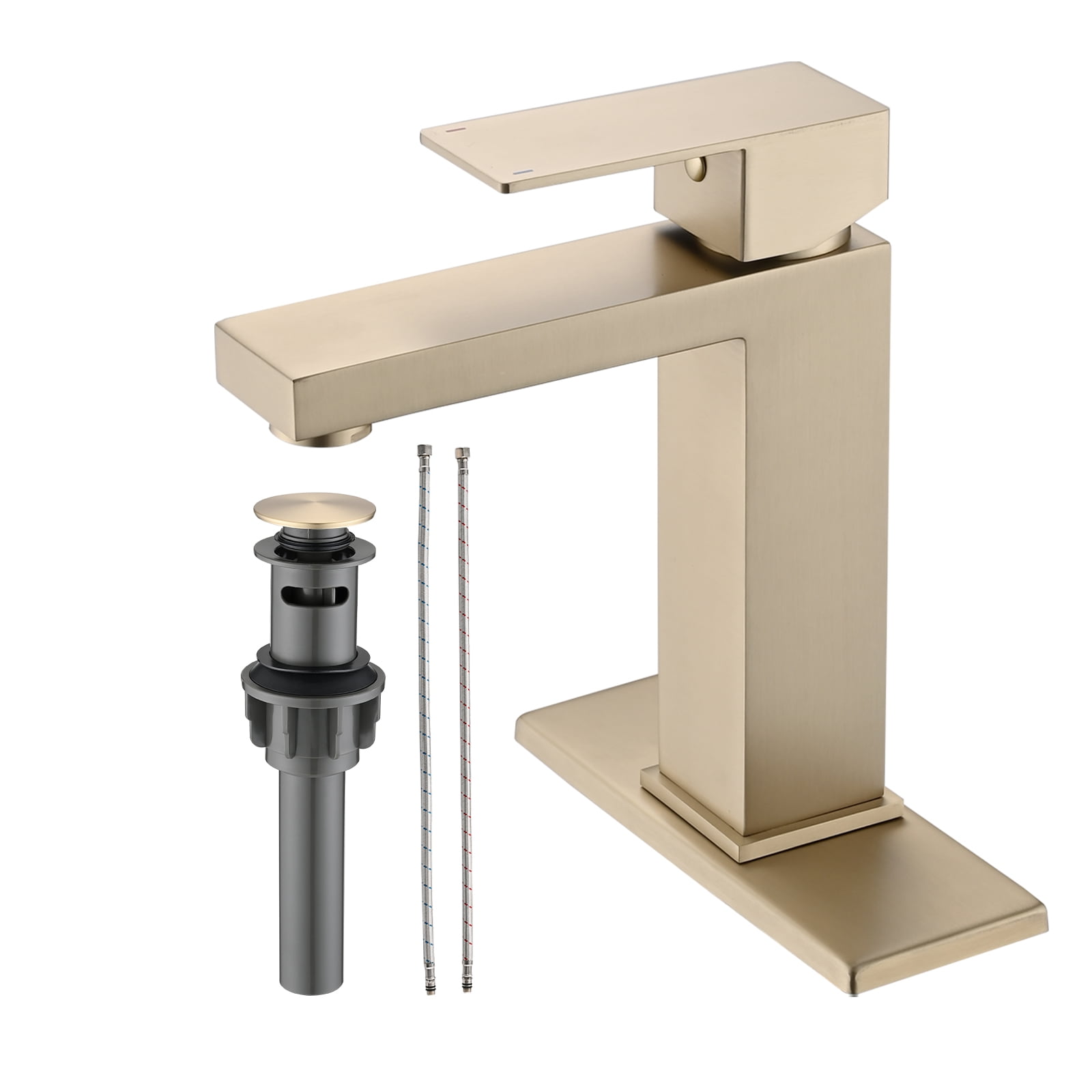 MAYEERTY 1-Hole 1-Handle Stainless Steel Bathroom Faucet with Deckplate & Drain, Brushed Gold