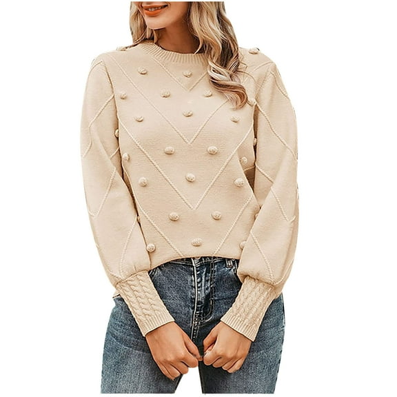 Htigea Womens Crew Neck Lantern Sleeve Sweater Cute Knit Pullover Solid Casual Comfy Everyday Jumper Tops Beige S
