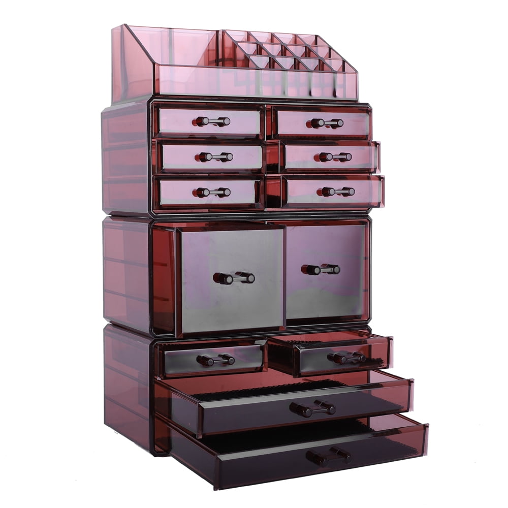 Coffee Acrylic Makeup Organizer Box with 12 Drawers and 16 Grid, 9.5