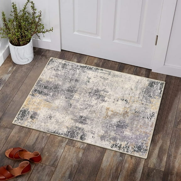 Moynesa 2'x3' Modern Abstract Area Rug,Gray Washable Small Front Door Rug for Entryway Mat Contemporary Faux Wool Non-Slip Soft Floor Indoor Carpet for Living Room Kitchen Bathroom RV