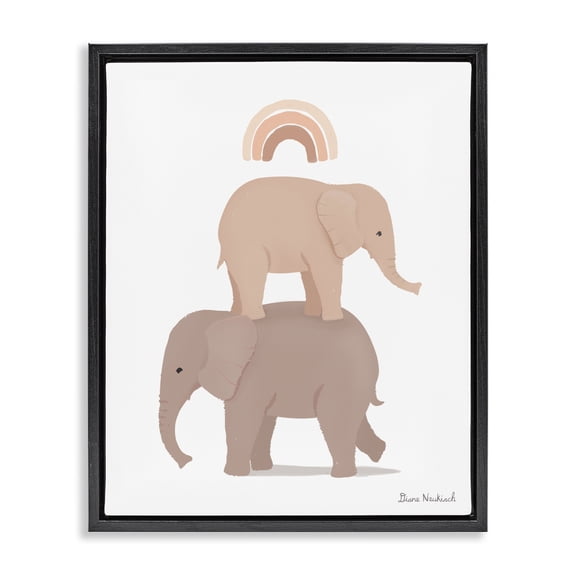 Stupell Industries Contemporary Two Elephants Standing Under Rainbow Neutral Tones Black Floating Frame Canvas Art, 17 x 21, by Diane Neukirch