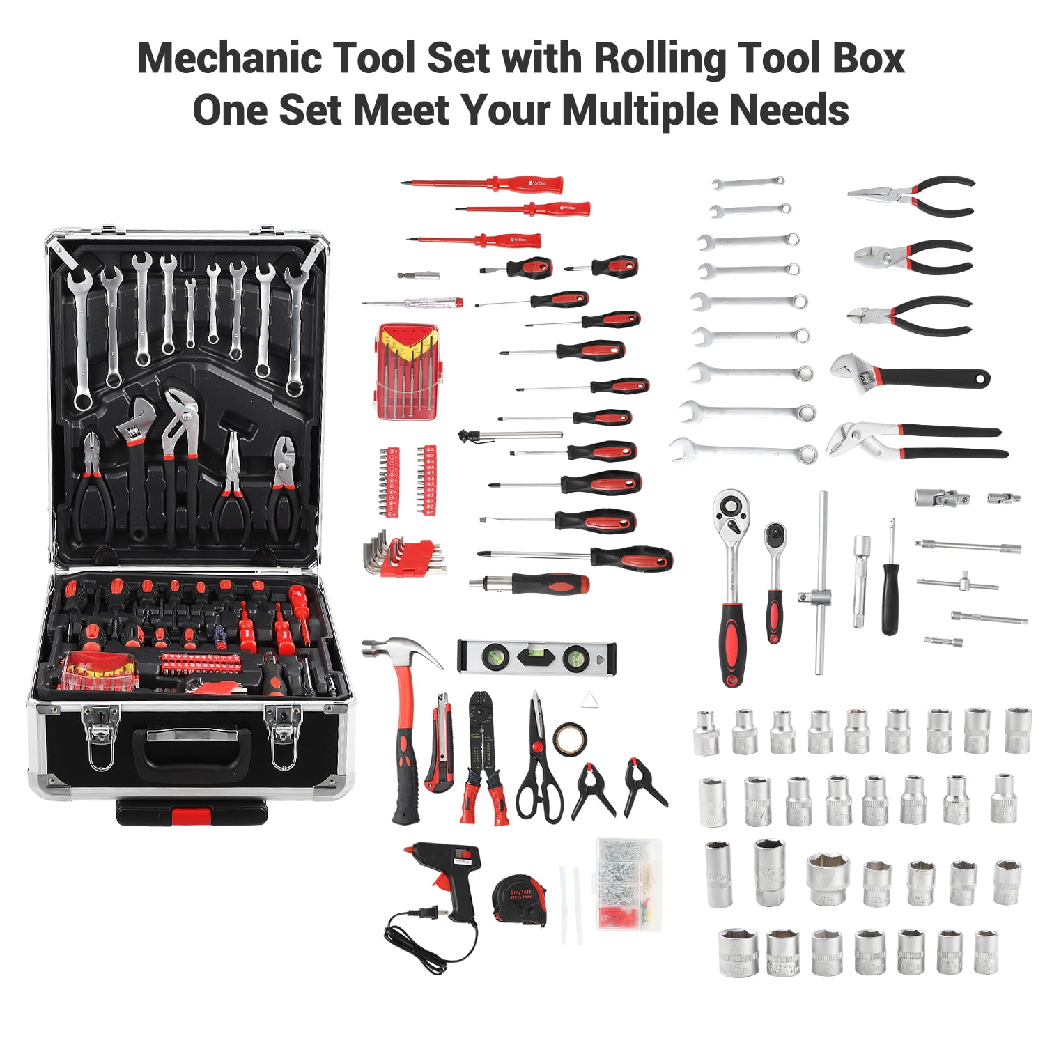 800-Piece Ultimate Mechanic Tool Kit with Aluminum Trolley Case Full Set of Sockets, Wrenches & Hand Tools 4-Tier Organized Storage Professional Repair Tool Box for Auto Maintenance, Garage & Garden
