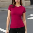 thumbnail image 2 of Miluxas Womens Crew Neck Ribbed Skim Short Sleeve Fitted T Shirts Casual Basic Tight Tees Stretchy Tops for Women Hot Pink M(M), 2 of 9