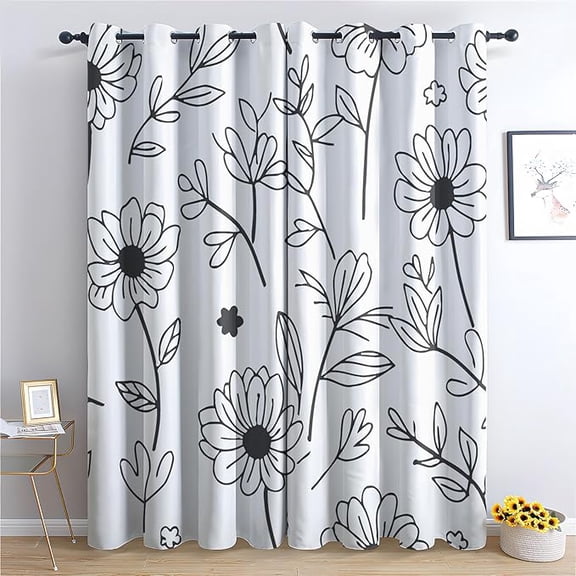 Floral Blackout Curtains for Living Room Bedroom, Thermal Insulated Room Darkening Grommet Drapes, Black and White Minimalist Window Curtains & Home Decor 26"W x 63"L (Pack of 2)