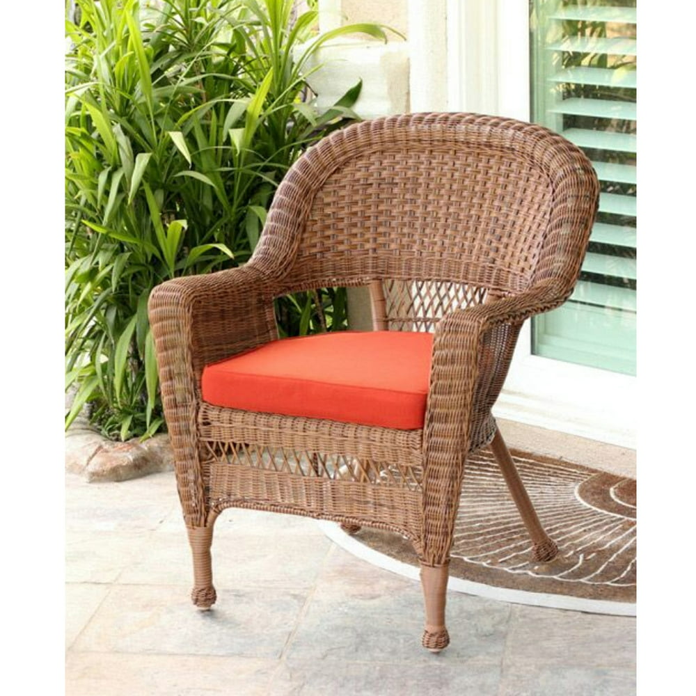 36" Honey Brown Resin Wicker Outdoor Patio Garden Chair with Red