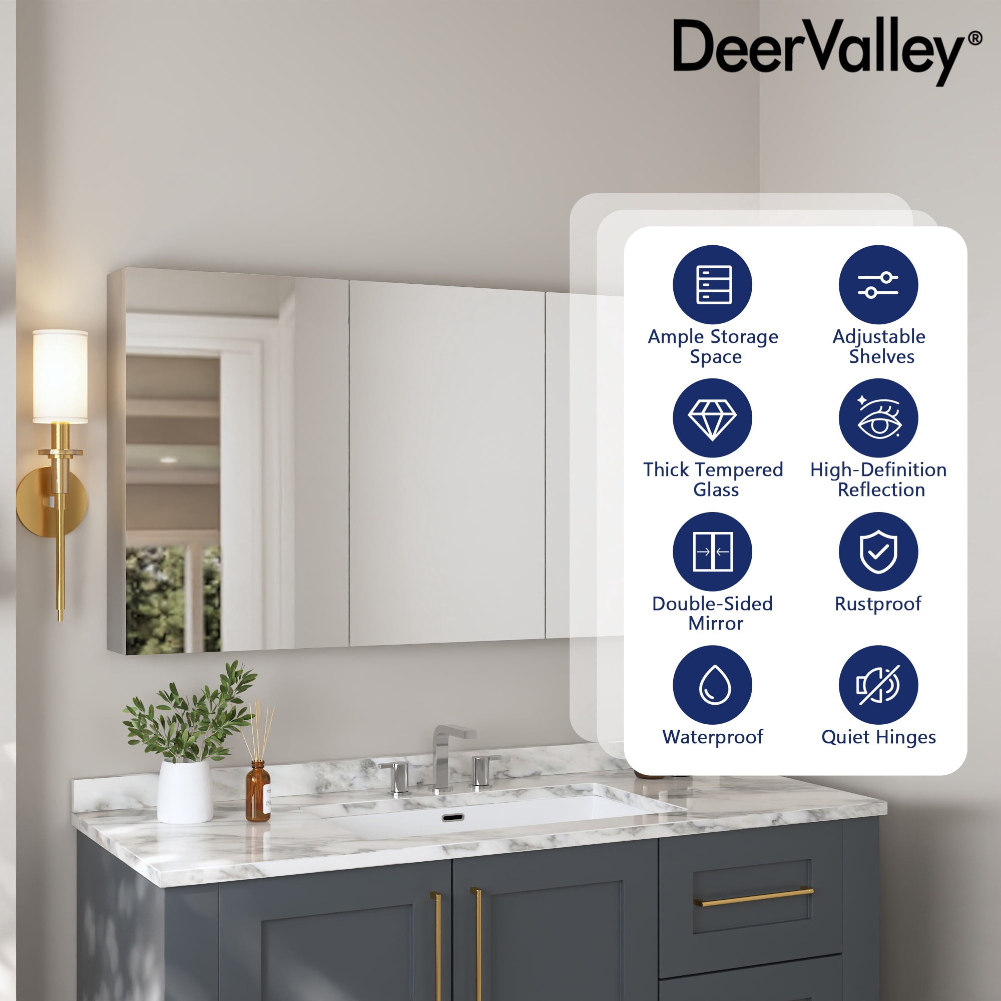 DV-1MC0149 48'' W x 26'' H Surface Mount Frameless 3 Door Medicine Cabinet and 2 Adjustable Shelves