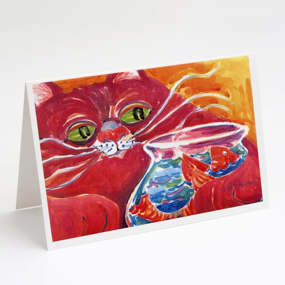 Big Red Cat at the fishbowl Greeting Cards and Envelopes Pack of 8