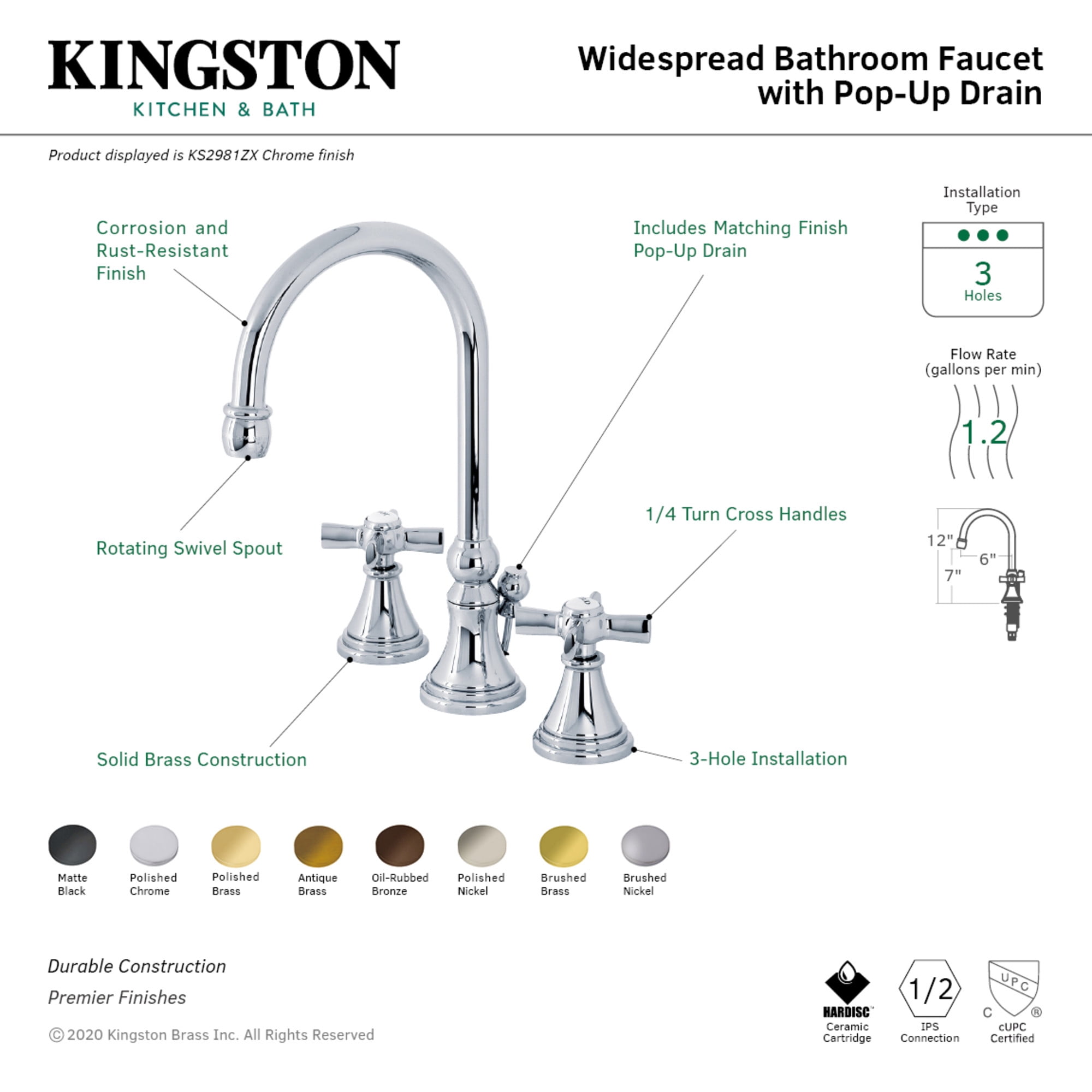 Kingston Brass KS2987ZX Millennium Widespread Bathroom Faucet with Brass Pop-Up, Brushed Brass