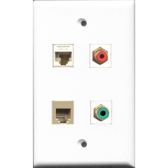 RiteAV 1 Port RCA Red and 1 Port RCA Green and 1 Port Phone RJ11 RJ12 Beige and 1 Port Cat6 Ethernet White Wall Plate