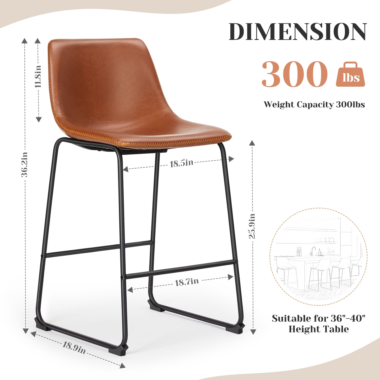 EDX Counter Height Bar Stools Set of 2 With Back and Footrest, Metal Frame, 26 inch, Brown