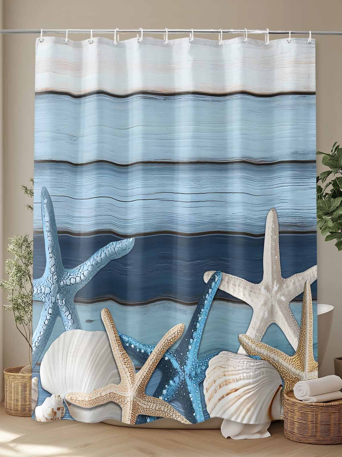 Vintage Coastal Shower Curtain, Wood Texture Starfish Shell Bathroom Decor Curtains Set with Hooks, Aqua Blue Ivory Waterproof Fabric Home Accessories， 72 X 72 Inch Long