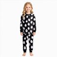 thumbnail image 2 of UAYOTSE Little Girls Halloween 2‑Piece Pajama Set Long‑Sleeve Crewneck Top Cuffed Jogger Pants Black Base All‑Over White Ghost Print Kids Sleep Pjs Loungewear Size 7-8 Years, 2 of 9
