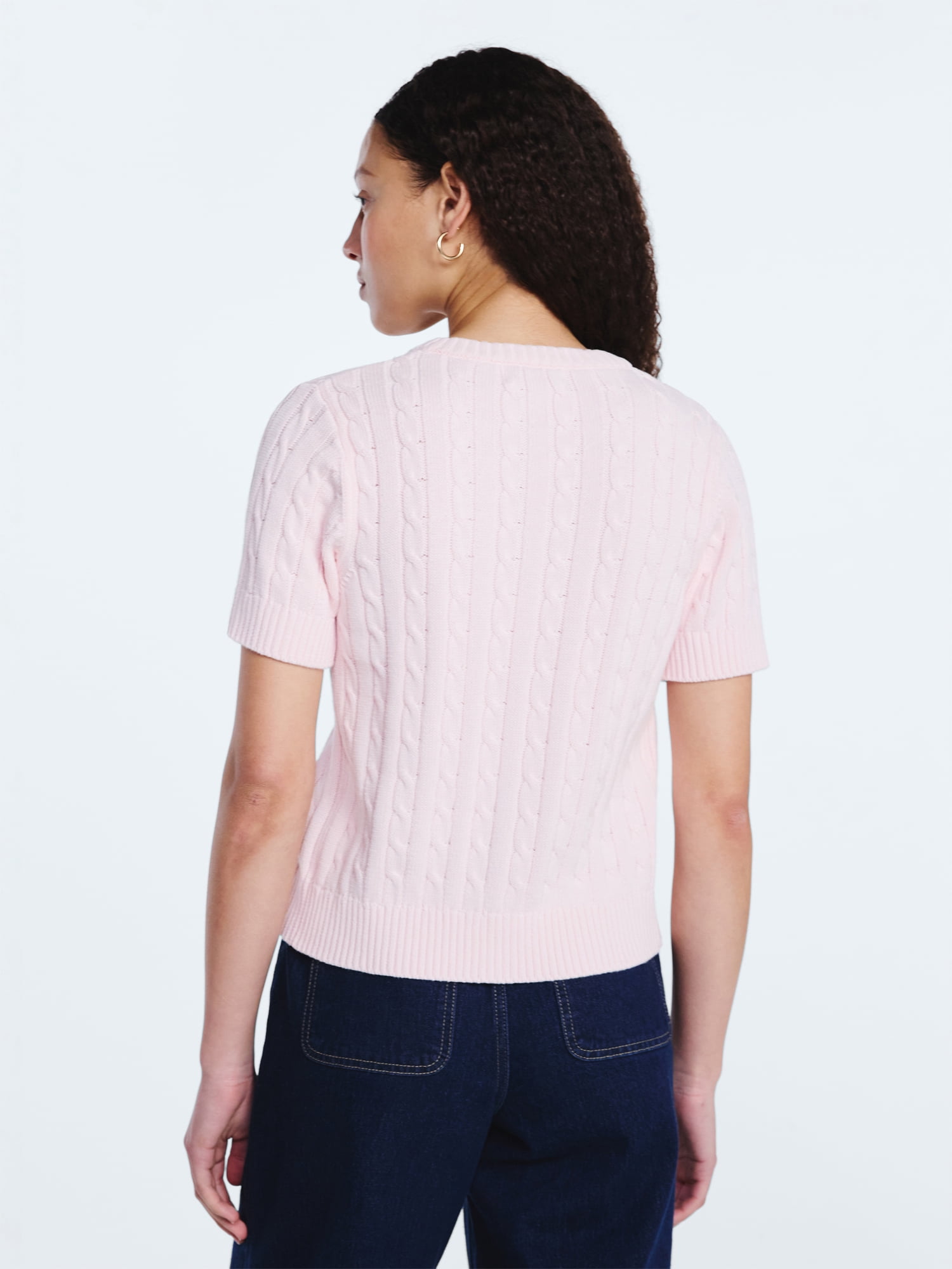Free Assembly Women's and Women's Plus Cable Knit Cardigan Sweater with Short Sleeves, Lightweight, Sizes XS-4X