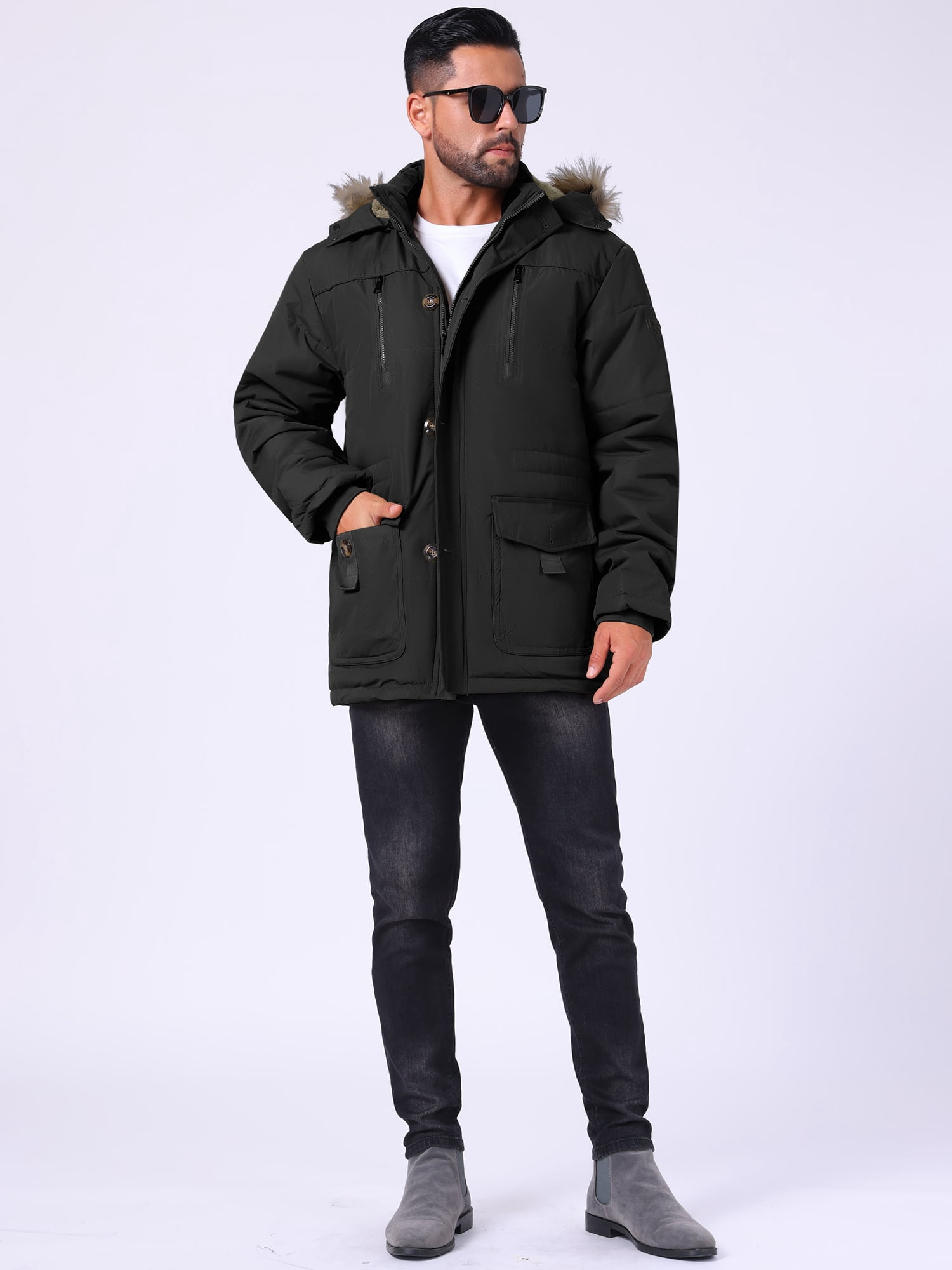 DARING DIVA Men's Winter Warm Coat Fleece Lined Thicken Hooded Parka Jacket L Black
