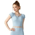 thumbnail image 2 of Women'S Cold Shoulder Summer Halter Top Short Sleeve Off the Shoulder Rib Knit Crop Top Tee Shirt Blue M, 2 of 8