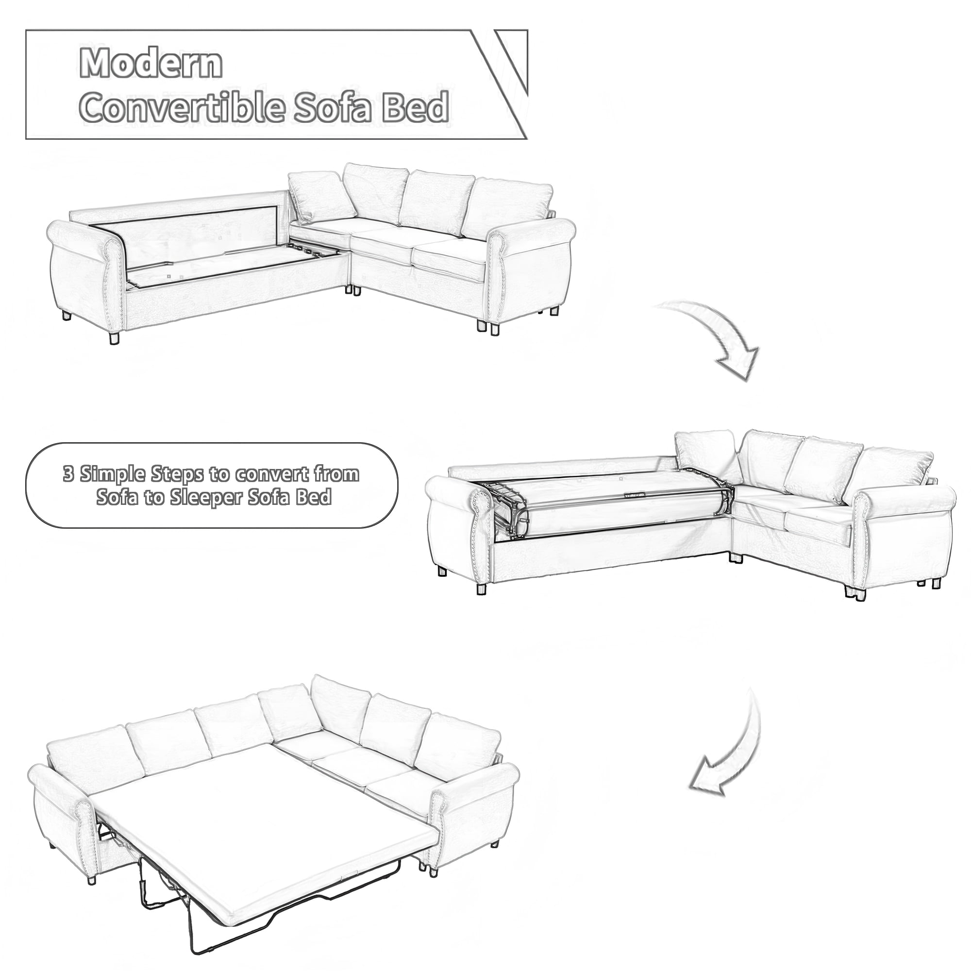LLappuil Sectional Sofa, Pull Out Sofa Bed Queen Size, 6 Seat Sofa Couch Convertible Sleeper Sofa Bed for Living Room Brown