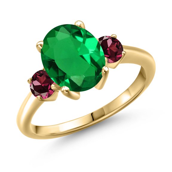 Gem Stone King 2.74 Ct Green Nano Emerald Red Rhodolite Garnet 18K Yellow Gold Plated Silver Ring (Size 7)