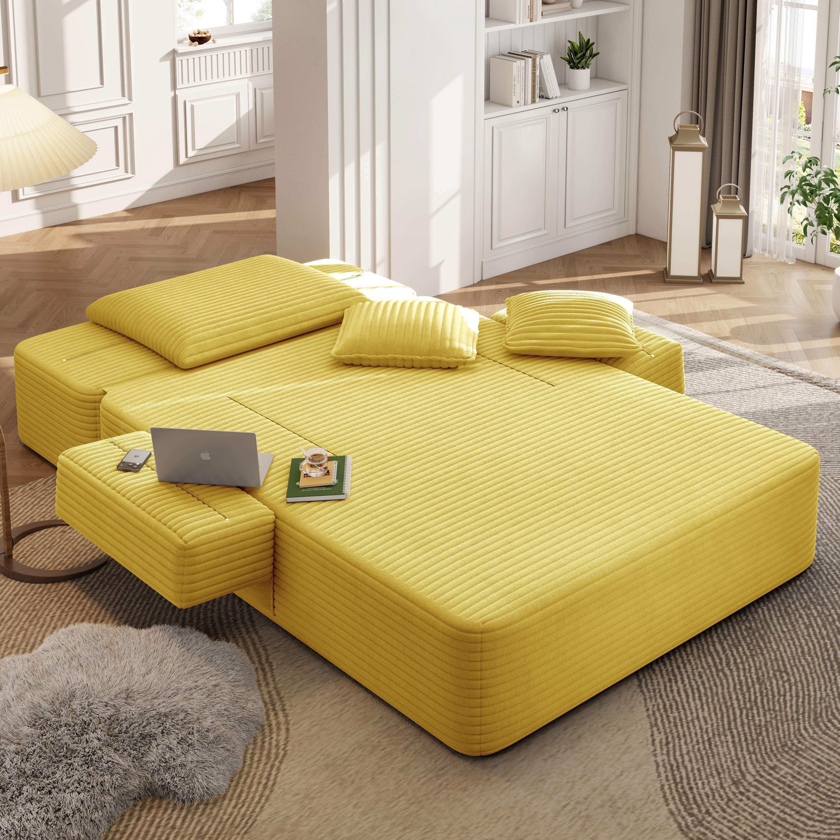 Alvantor Oversized Corduroy Convertible Chaise Lounge Sofa Bed, Yellow
