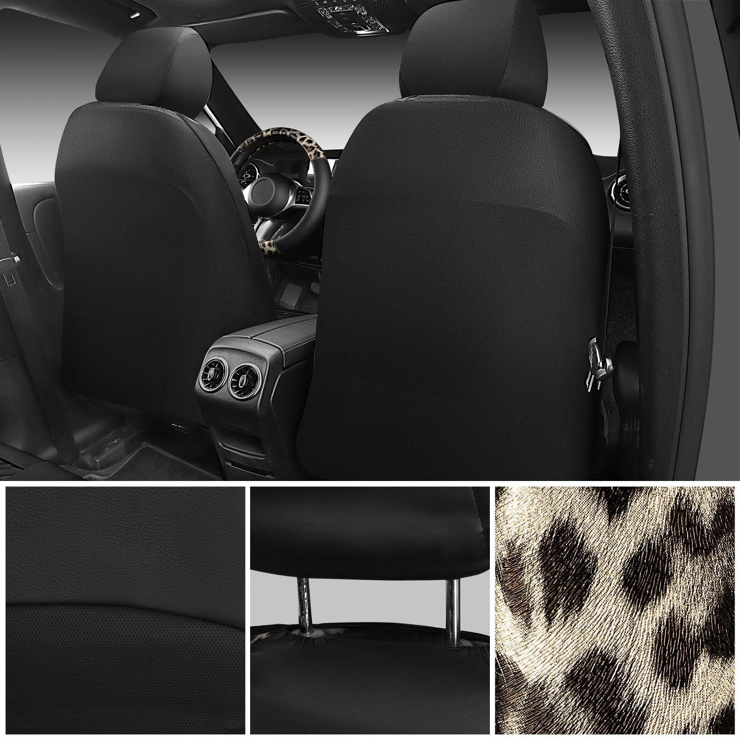 CAR PASS Leopard Print Faux Leather Car Seat Covers & Leopard Car Mats&Leopard Steering Wheel Cover Seat Belt Pad Universal Car Accessories for SUV,Van,Saden,Truck Automobile Interior Sets