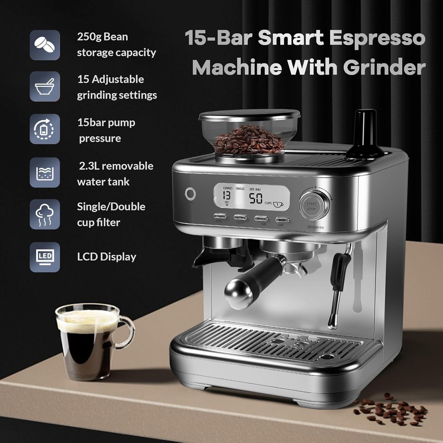 Garvee Espresso Machine with Grinder, 15 Bar Stainless Steel Professional Espresso Maker W/LCD Display & 2.3L Removable Water Tank for Home Office, Gray