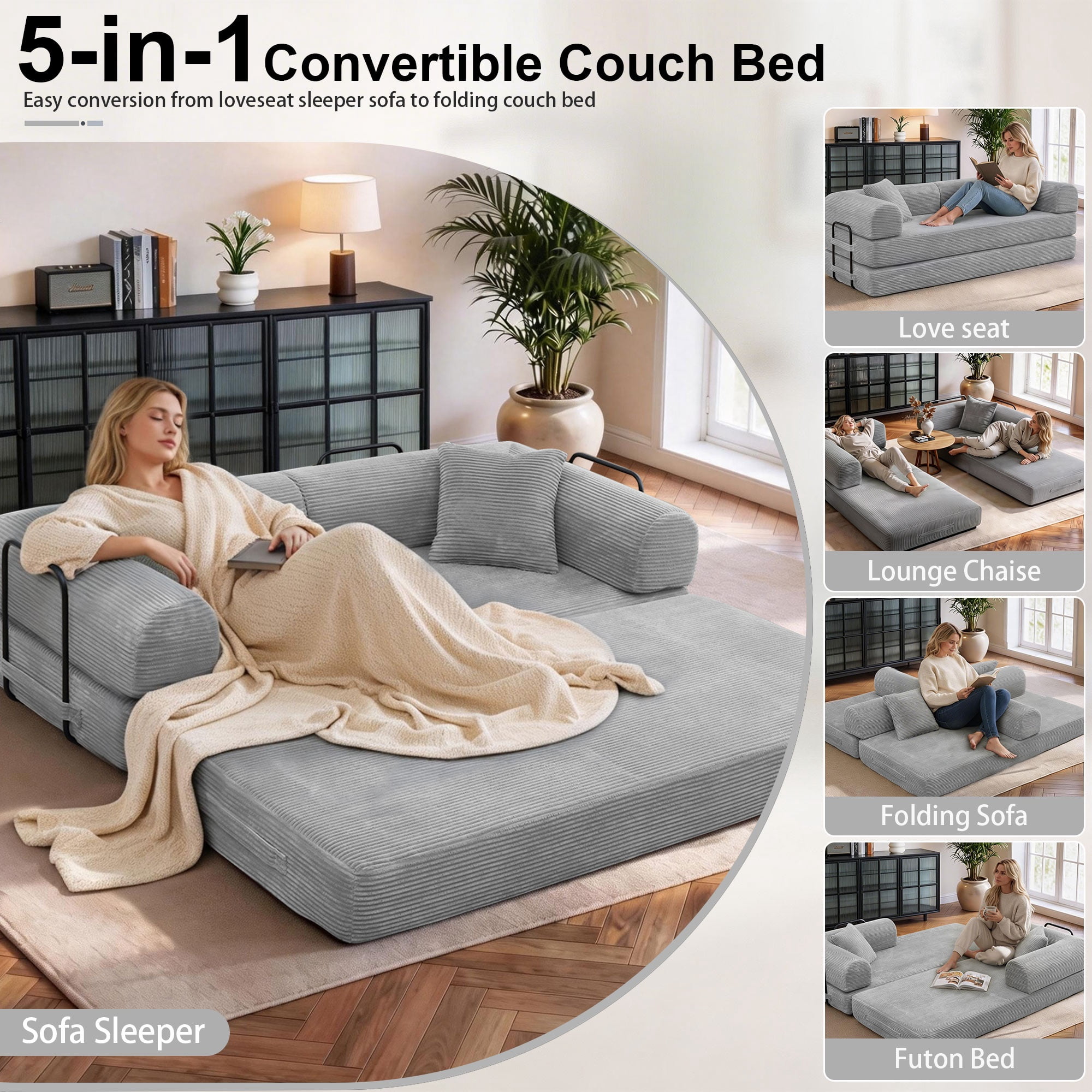 78" Boneless Convertible Sleeper Sofa Bed, Holaki Corduroy Compression Folding Sofa with Pillow & 3 Seat, Fixed-Shape Frame, Floor Sofas Lounge Couch for Living Room Bedroom Apartment, Light Gray