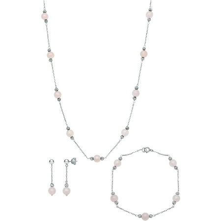 6mm Rose Quartz Sterling Silver Tin Cup Necklace (18), Bracelet (7.5) and Earring Set