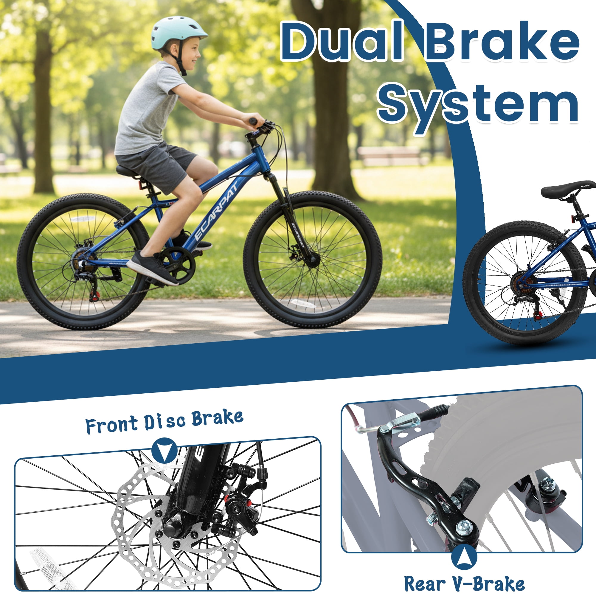 24 Inch Mountain Bike for Teenager, 7 Speed Mountain Bicycle with Front Suspension, Front Disc Brake and Rear V-Brake, Carbon Steel Frame Outdoor Cycling City Bike, Blue