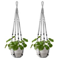 Ksopiavobs Macrame Plant Hanger Indoor Hanging Planter Basket with Wood Beads Decorative Flower Pot Holder No Tassels for Indoor Outdoor Boho Home Decor 35 Inch, Grey, Set of 2 (POTS NOT Included)