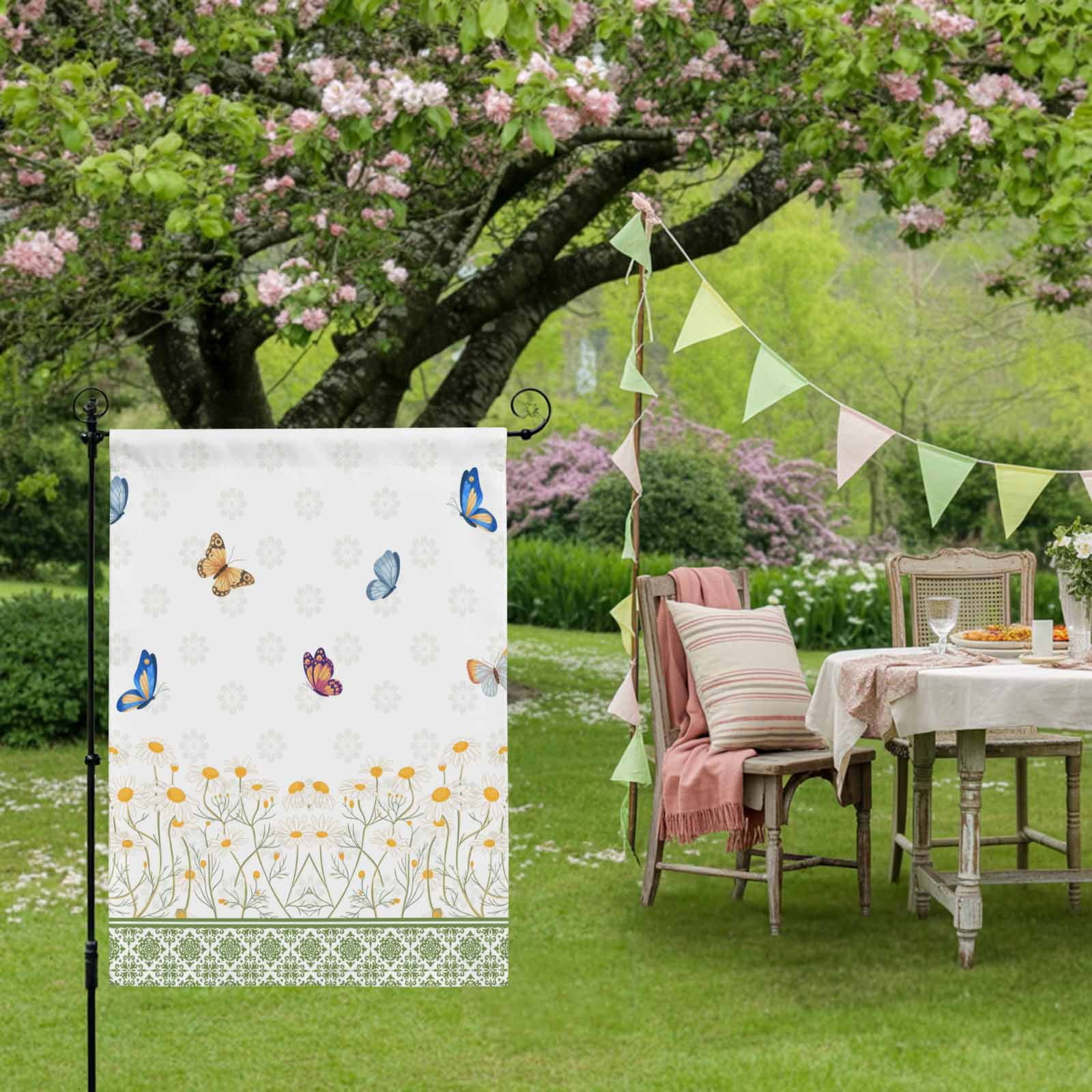 Spring Daisy Flower House Flag 28 x 40 Inches, Blue Butterflies Green Floral Plaid Weather Proof Outdoor Patio Flags Double Sided Small House Decoration for Yard Lawn Outside Home
