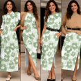 thumbnail image 4 of Garronmavis Green Polynesian Couples Matching Outfits Men's Short Sleeve Shirt Casual Hawaiian Tops Workwear and Womens Long Dress Sleeveless Split Beach Vacation Sundress, 4 of 7