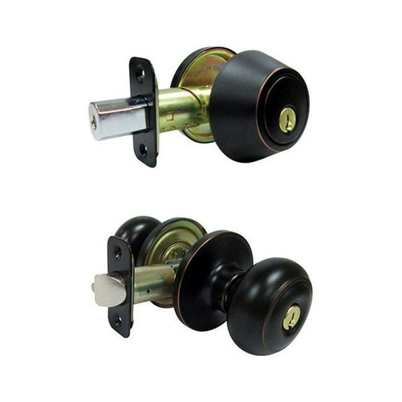 Fancy Mushroom Aged Bronze Metal Entry Knob & Single Cylinder Deadbolt - 3 Grade Right Handed
