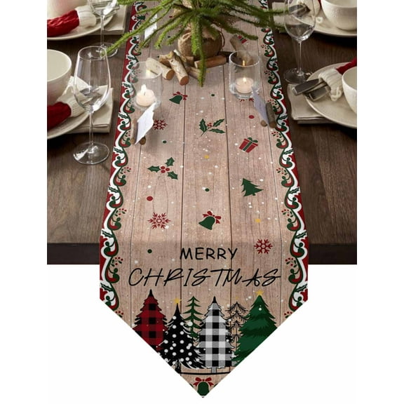Table Runner Dresser Scarves Merry Christmas Grid Dot Tree Cotton Linen Burlap Table Cover Holly Snowflake on Wooden Table Runners for Family Kitchen Dining Holiday Party Banquet Decor