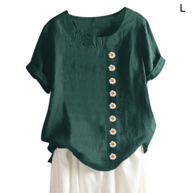 Qarigey Blusa Lino Suelta Camisa Manga Corta Cuello Mujer Top Verano Prendas para la parte del cuerpo Verde L