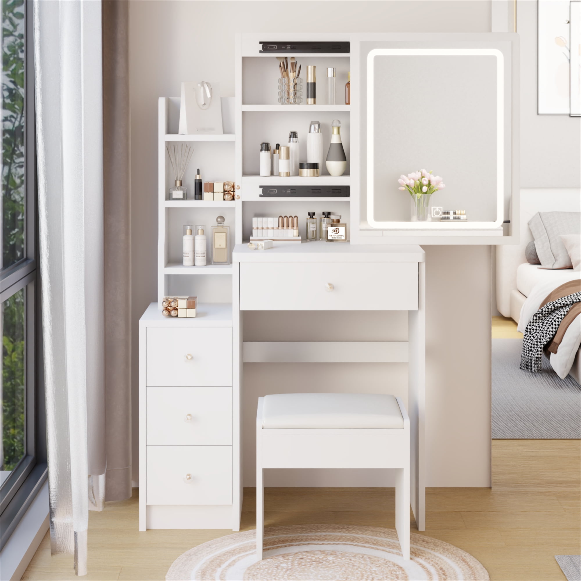 Vastcury Vanity Desk Set with Large Touch Control Sliding LED Mirror, Tri-Color Switching, Brightness Adjustable, Small Size Makeup Table for Girls, White