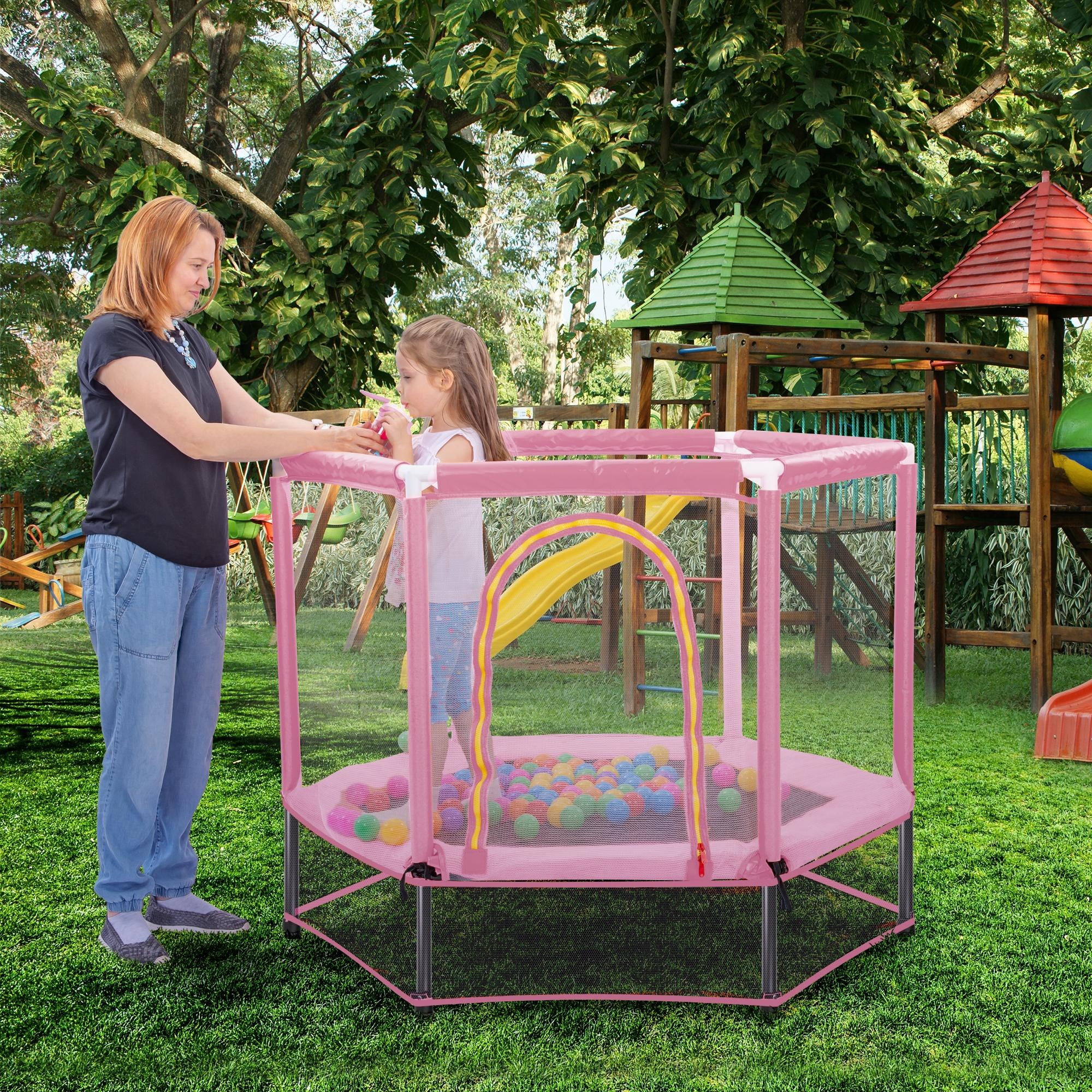 55'' Mini Toddler Trampoline, Small Trampoline for Kids with Enclosure Net, Round Indoor Outdoor Trampoline w/Balls as Gift for Boy & Girl Christmas, Halloween, Birthday Toy, Pink